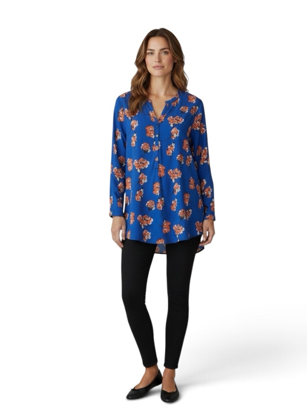 Masai Dark Florals Blue & Orange Women's Tunic Top, size large